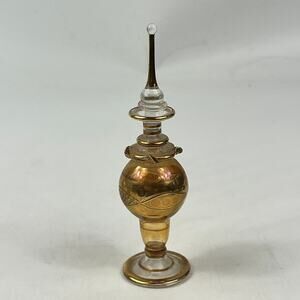 Vintage Egyptian Hand-Blown Glass Perfume Bottle 4" Gold Trim Broken Stopper